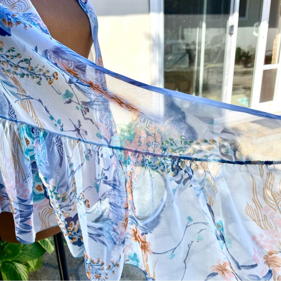 Floral Botanical Chiffon Shawl Wrap Ruffled Edge Sheer Blue/Pink/Copper - Picture 10 of 14